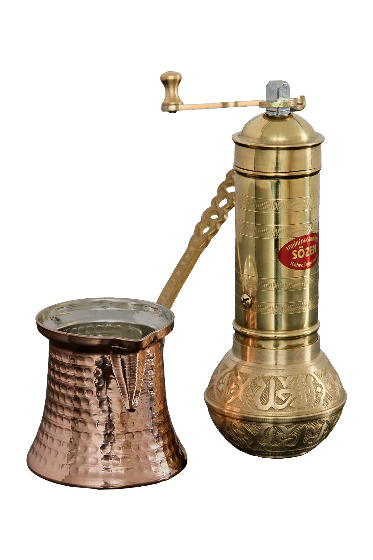 Sozen Brass Coffee Grinder & Copper Cezve Set – 4-Cup Turkish Coffee