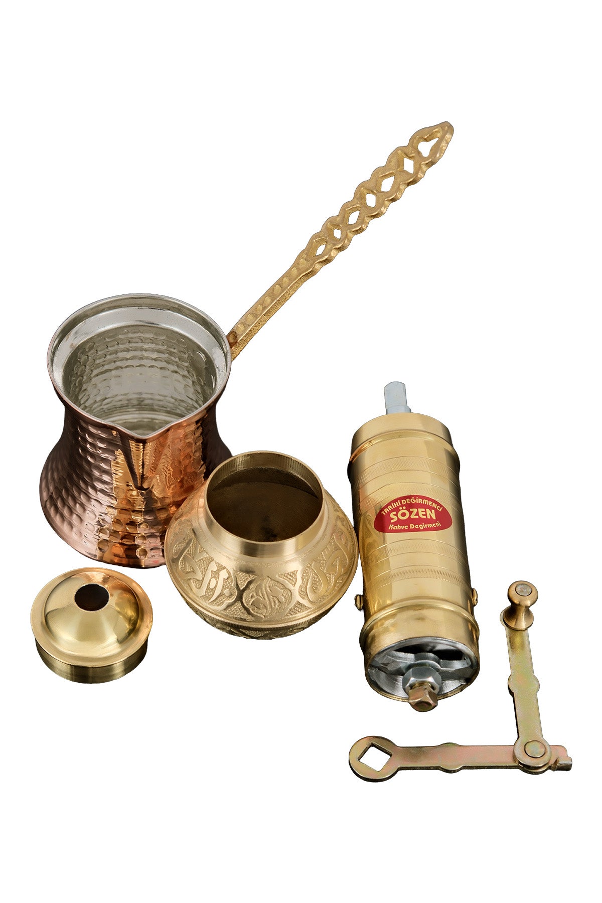 Sozen Brass Coffee Grinder & Copper Cezve Set – 4-Cup Turkish Coffee