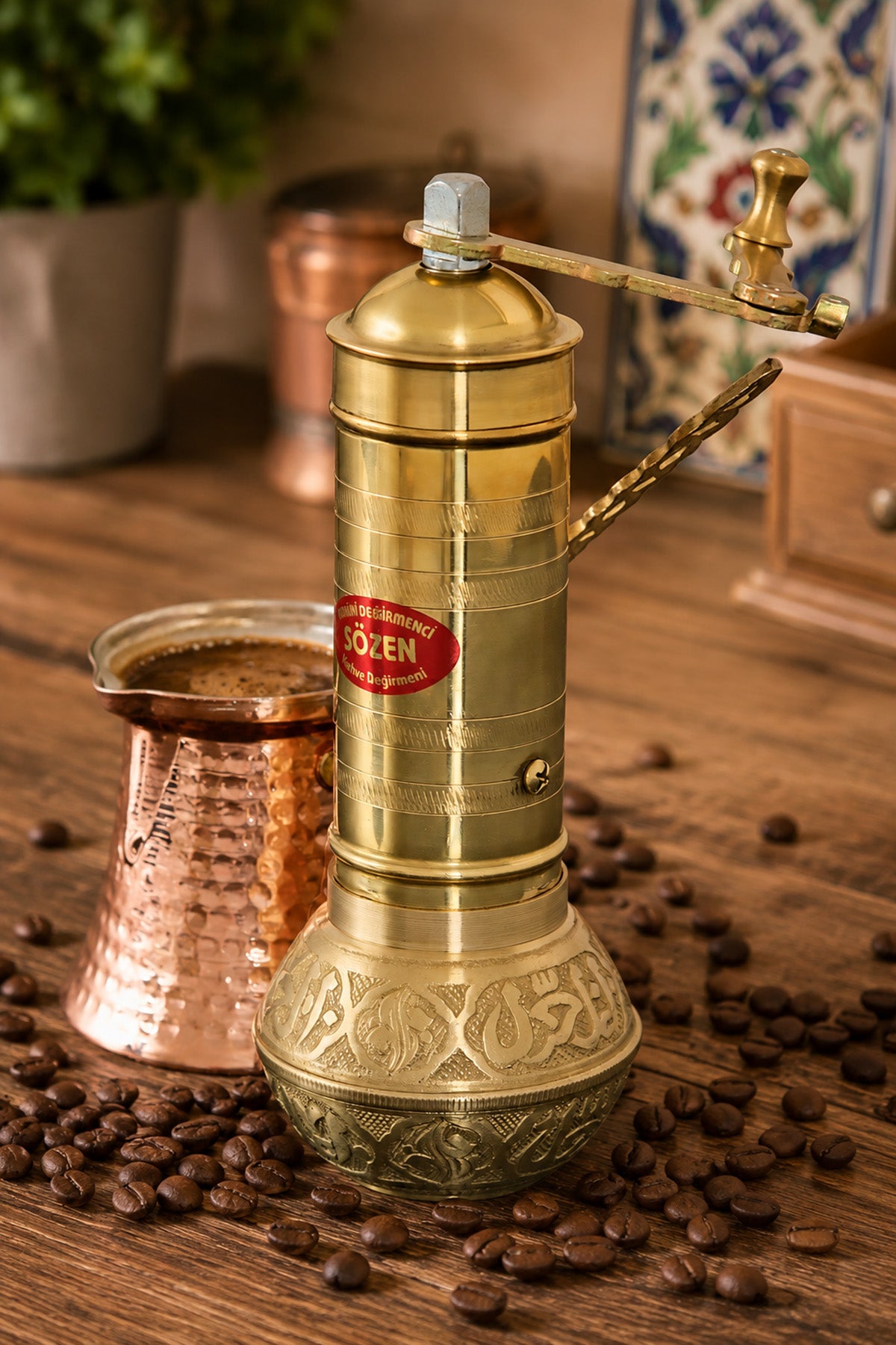 Sozen Brass Coffee Grinder & Copper Cezve Set – 4-Cup Turkish Coffee
