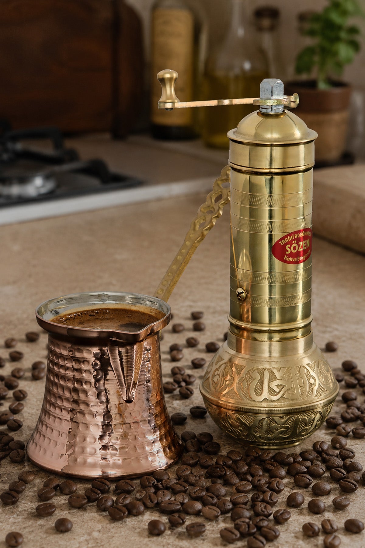 Sozen Brass Coffee Grinder & Copper Cezve Set – 4-Cup Turkish Coffee