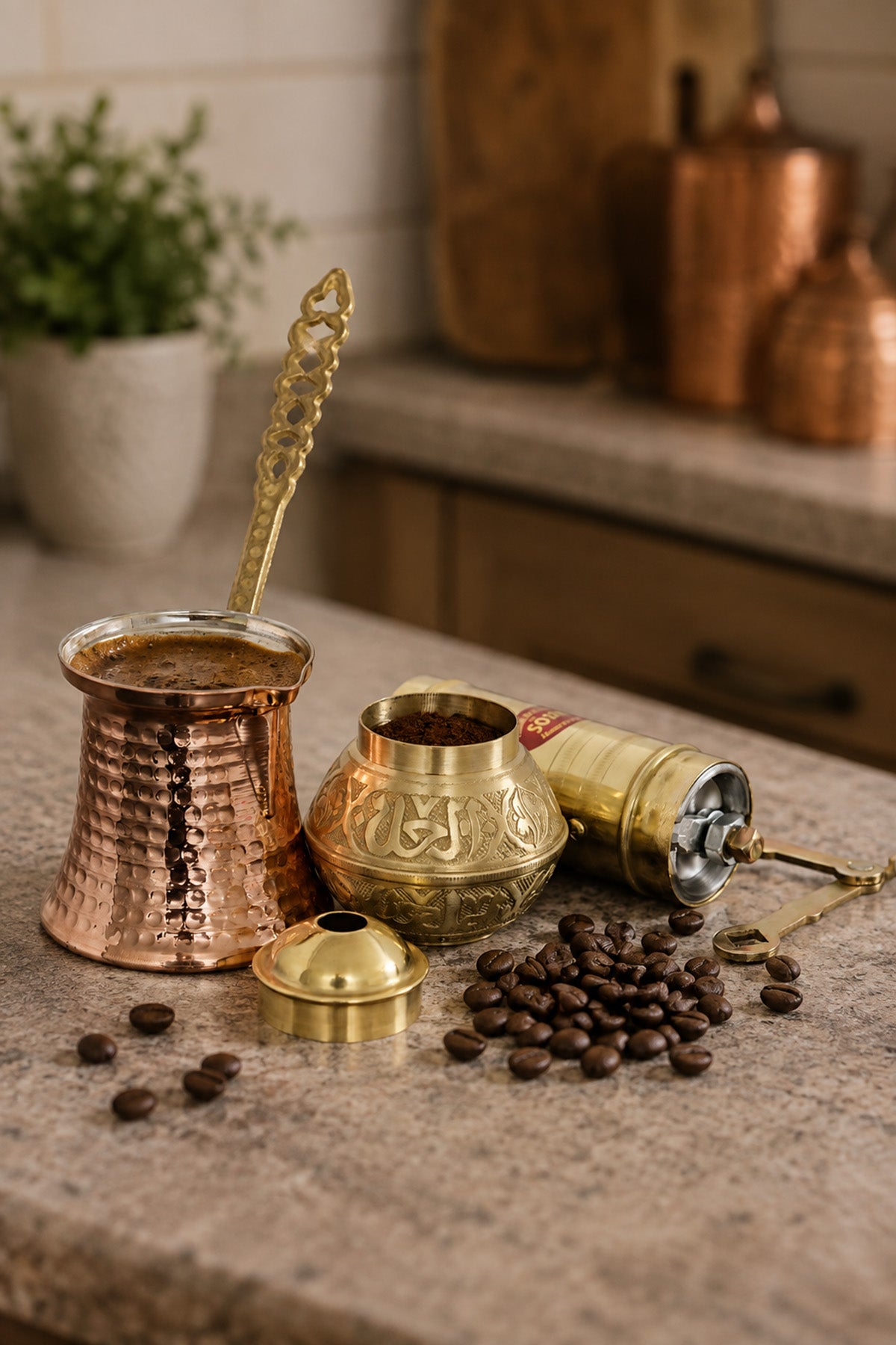 Sozen Brass Coffee Grinder & Copper Cezve Set – 4-Cup Turkish Coffee