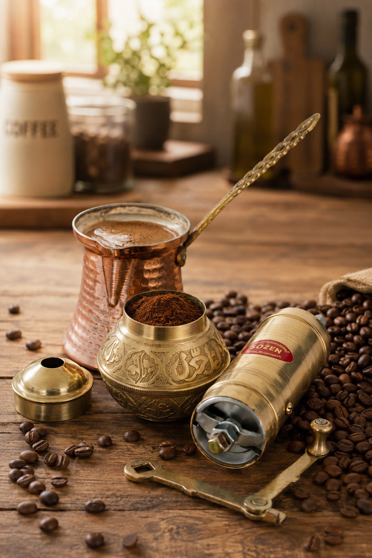 Sozen Brass Coffee Grinder & Copper Cezve Set – 4-Cup Turkish Coffee