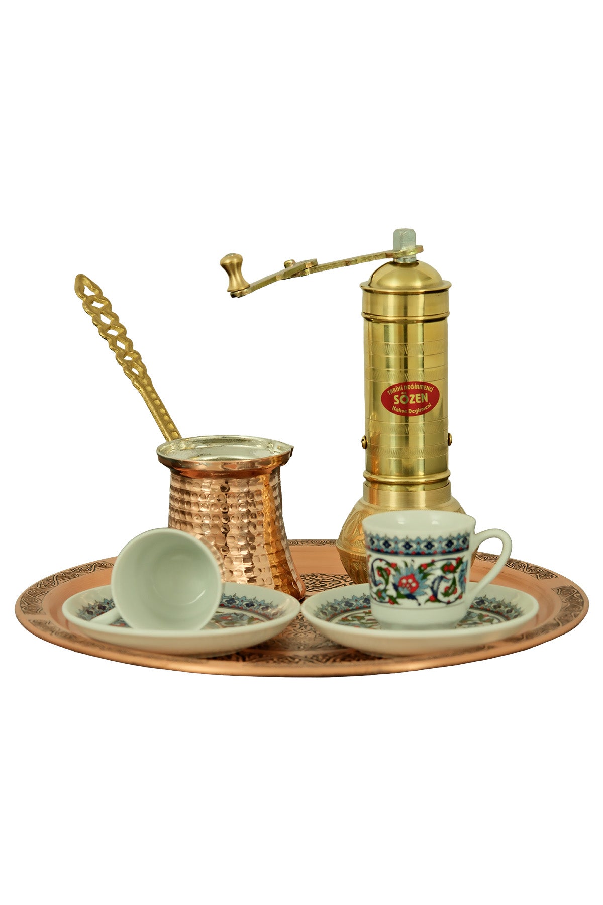 Turkish Coffee Set with Sozen Grinder, Copper Cezve, Tray & Topkapı Cups