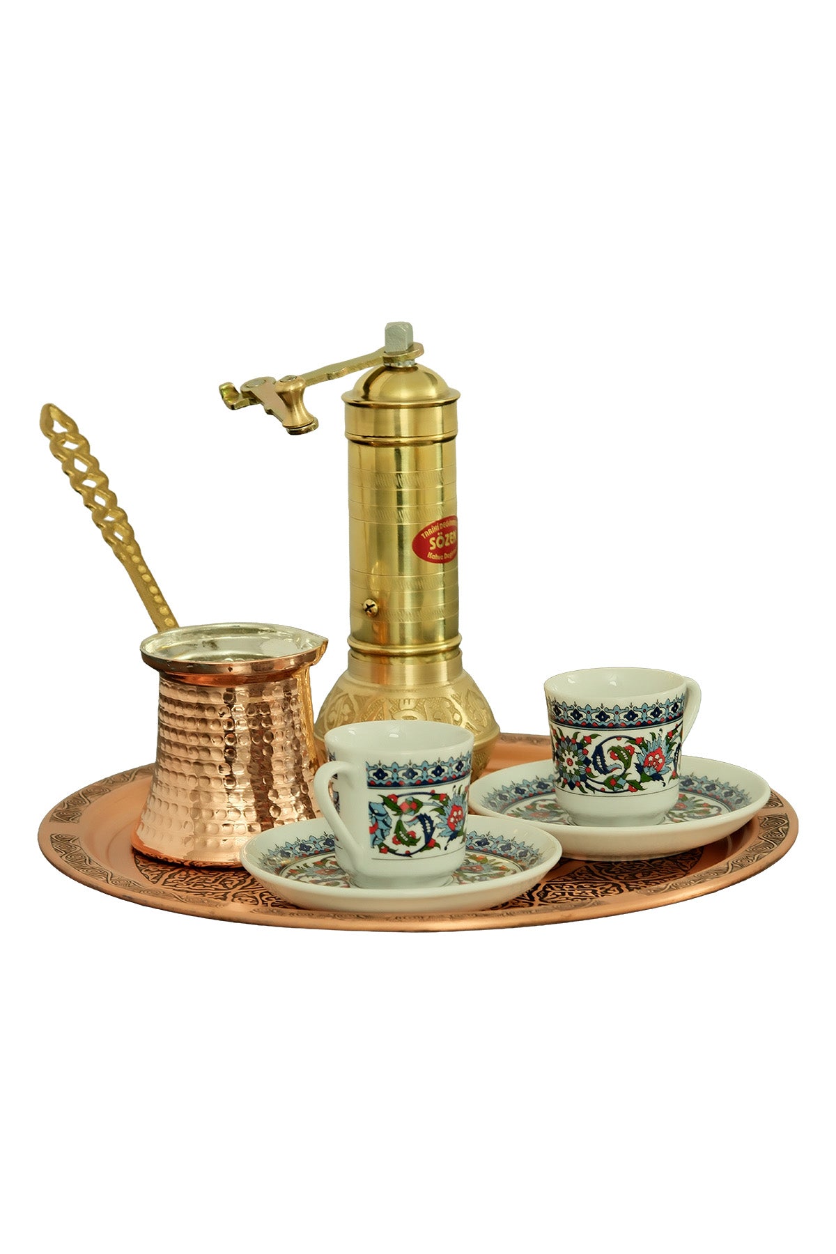 Turkish Coffee Set with Sozen Grinder, Copper Cezve, Tray & Topkapı Cups