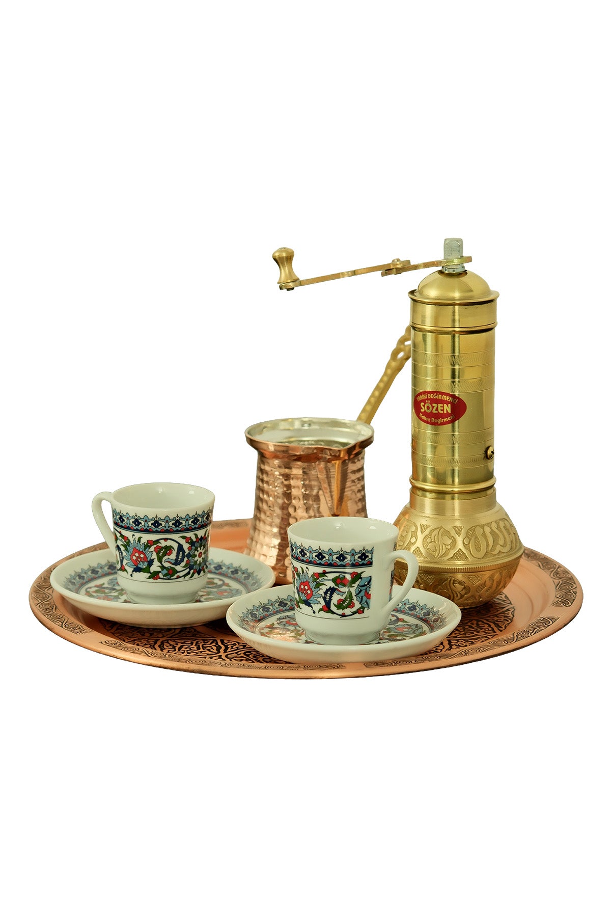 Turkish Coffee Set with Sozen Grinder, Copper Cezve, Tray & Topkapı Cups