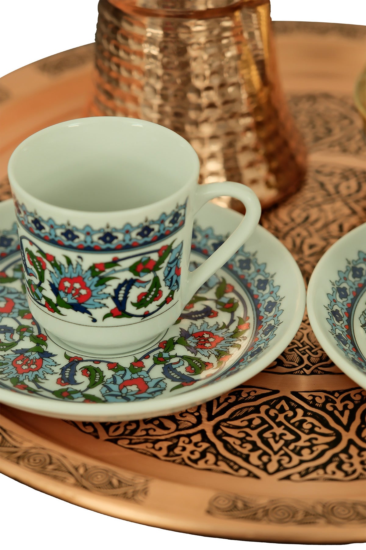Turkish Coffee Set with Sozen Grinder, Copper Cezve, Tray & Topkapı Cups