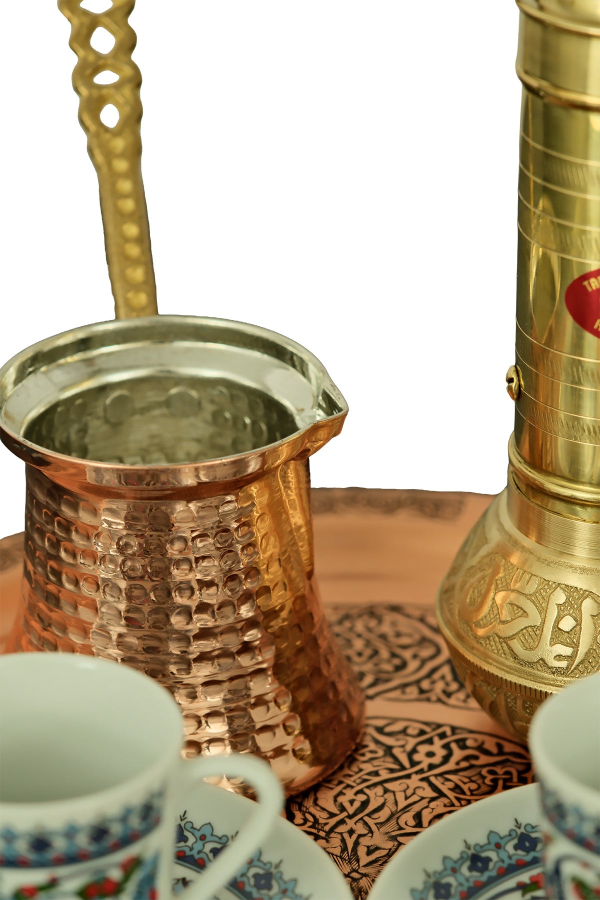 Turkish Coffee Set with Sozen Grinder, Copper Cezve, Tray & Topkapı Cups