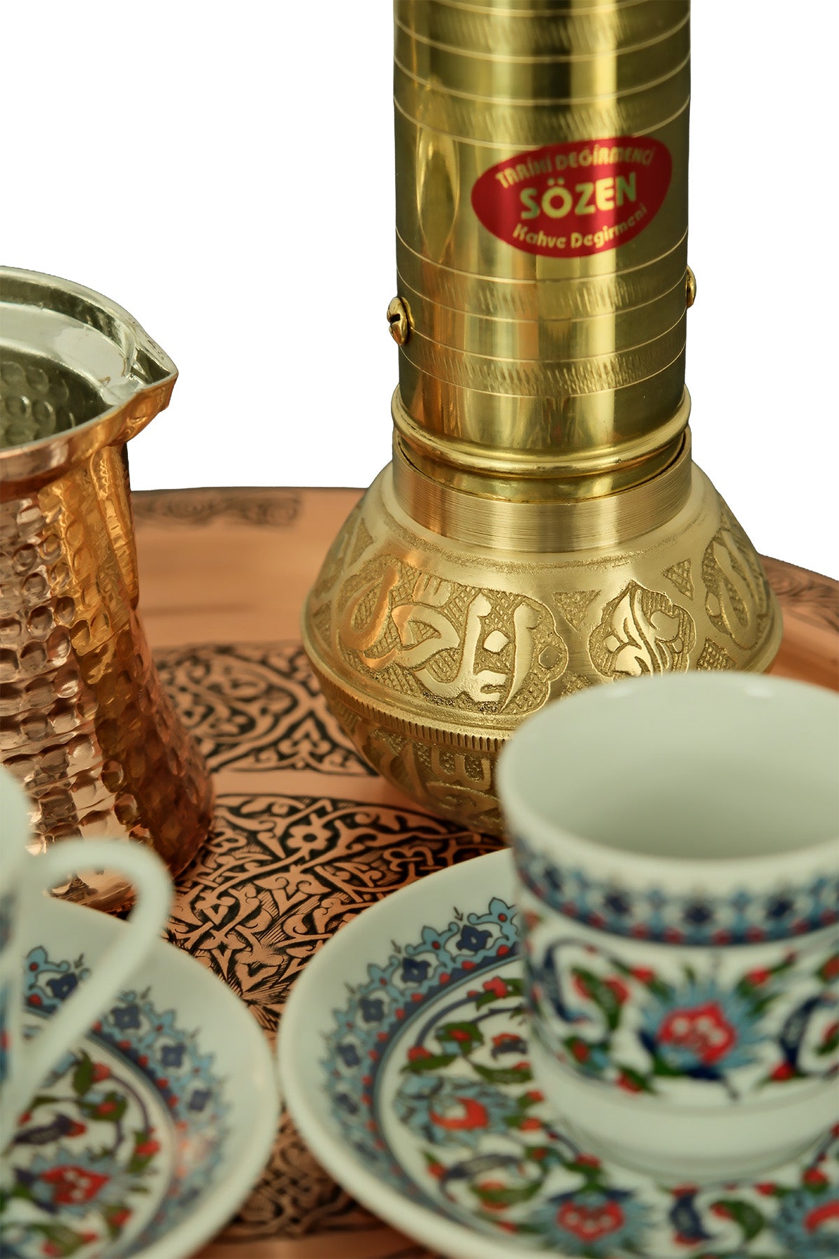 Turkish Coffee Set with Sozen Grinder, Copper Cezve, Tray & Topkapı Cups