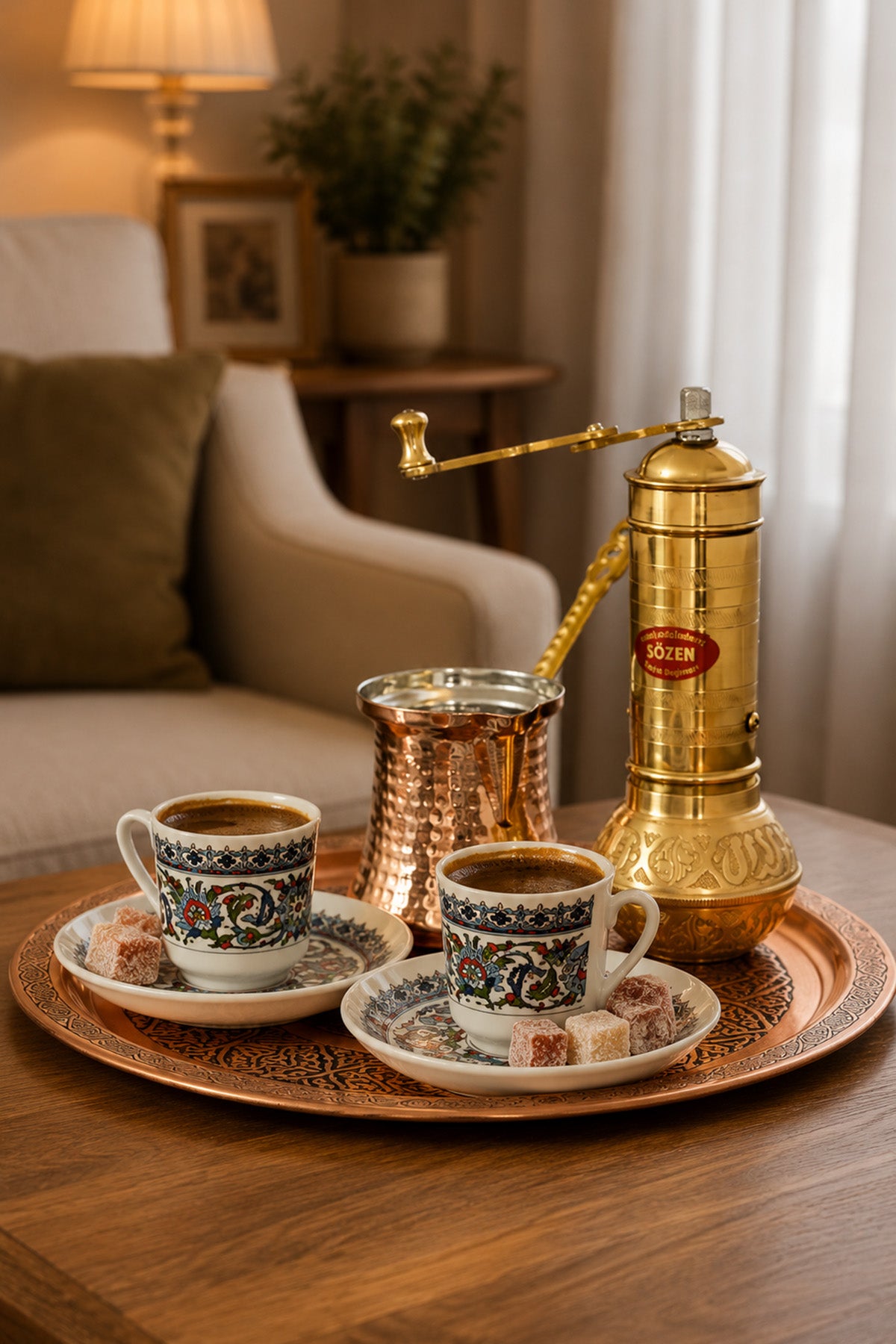 Turkish Coffee Set with Sozen Grinder, Copper Cezve, Tray & Topkapı Cups