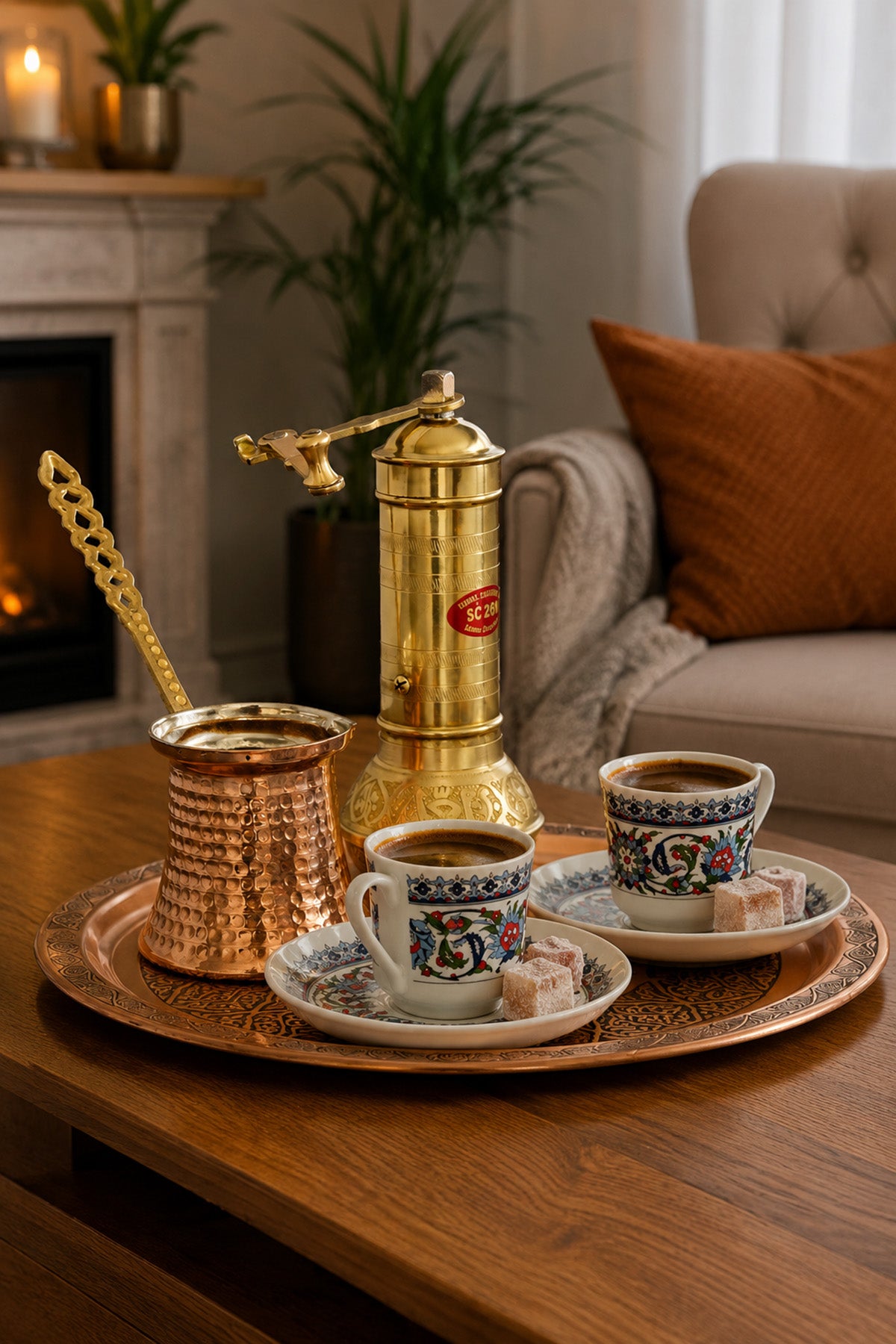 Turkish Coffee Set with Sozen Grinder, Copper Cezve, Tray & Topkapı Cups