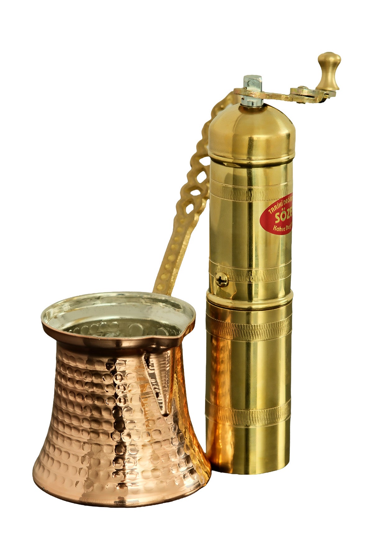 Sozen Brass Coffee Grinder & Copper Cezve Set – 18 cm - 7 Inch