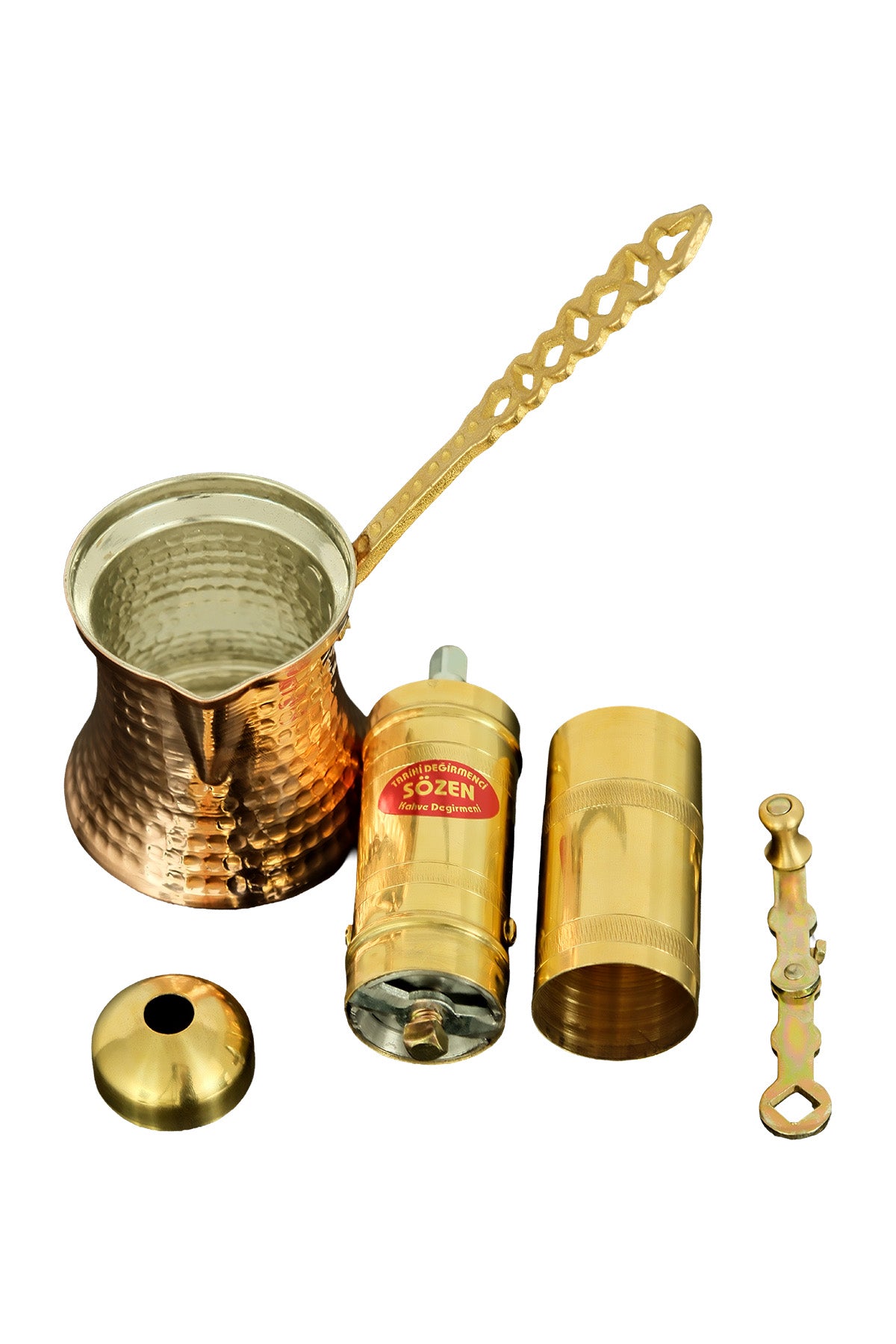 Sozen Brass Coffee Grinder & Copper Cezve Set – 18 cm - 7 Inch