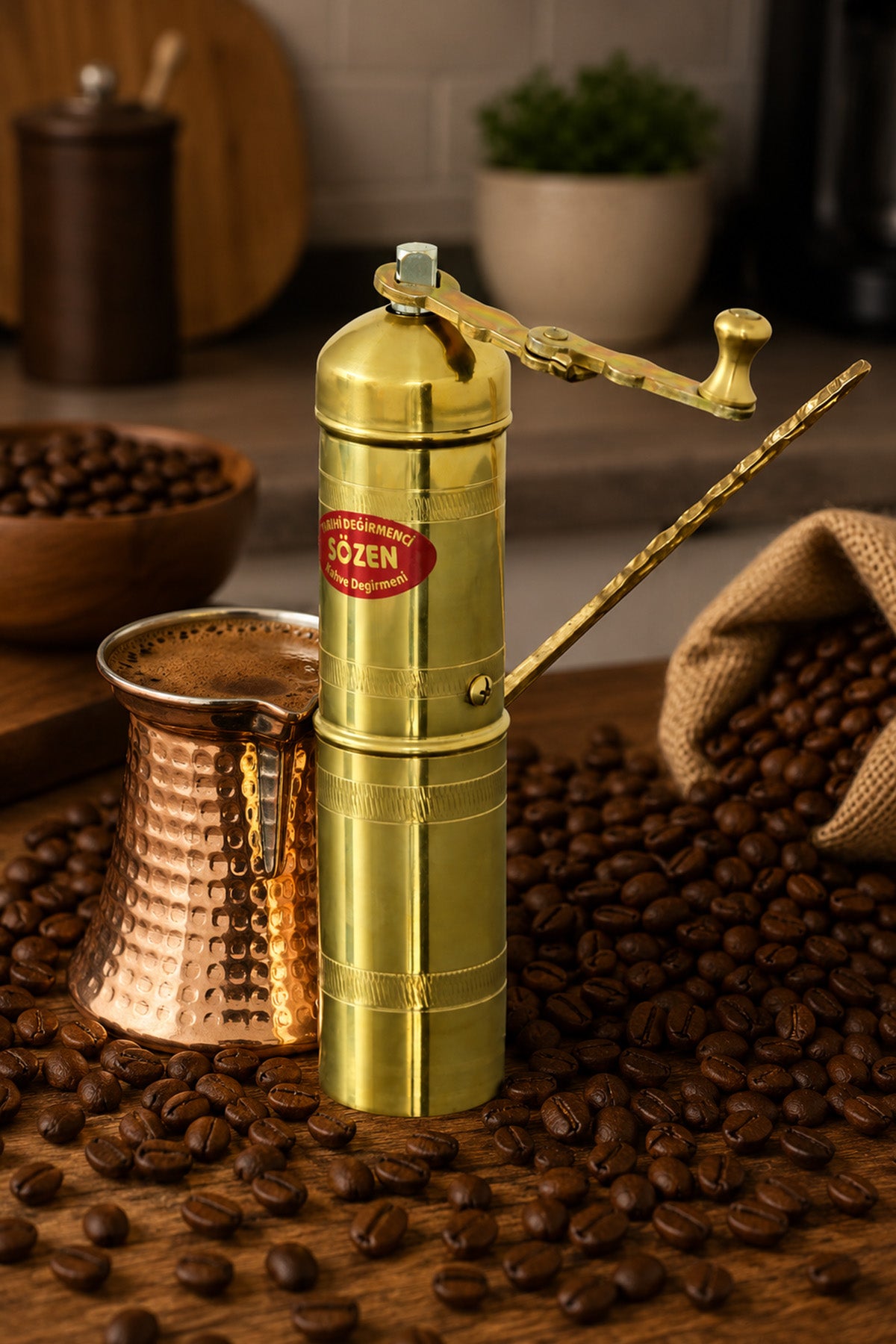Sozen Brass Coffee Grinder & Copper Cezve Set – 18 cm - 7 Inch