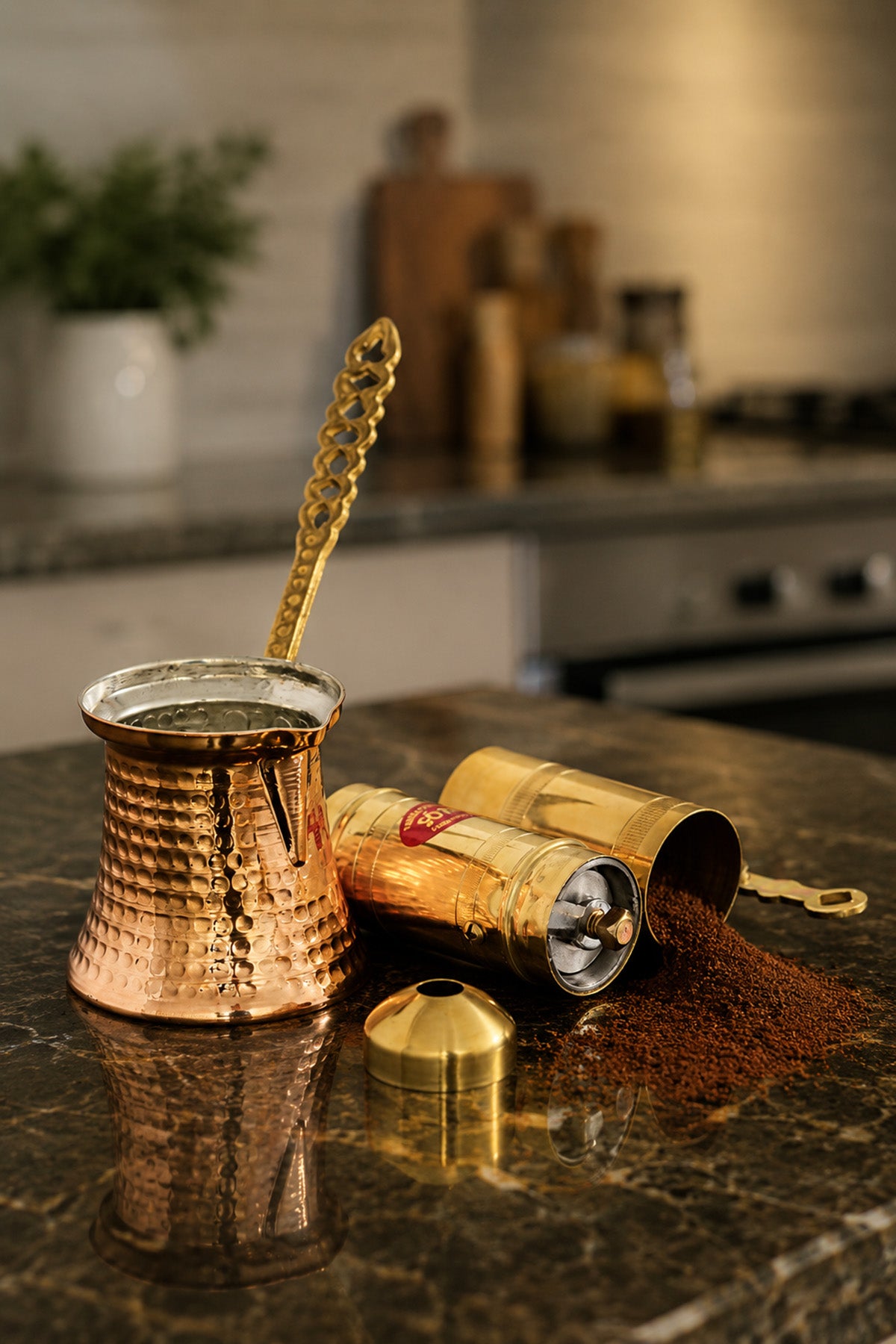 Sozen Brass Coffee Grinder & Copper Cezve Set – 18 cm - 7 Inch