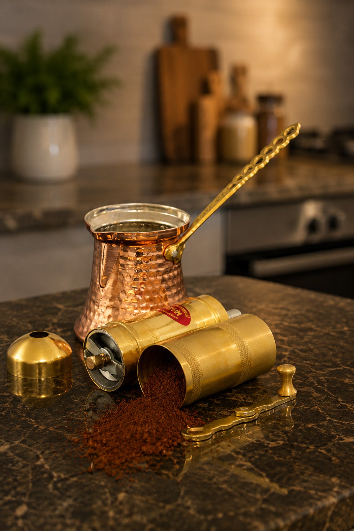 Sozen Brass Coffee Grinder & Copper Cezve Set – 18 cm - 7 Inch