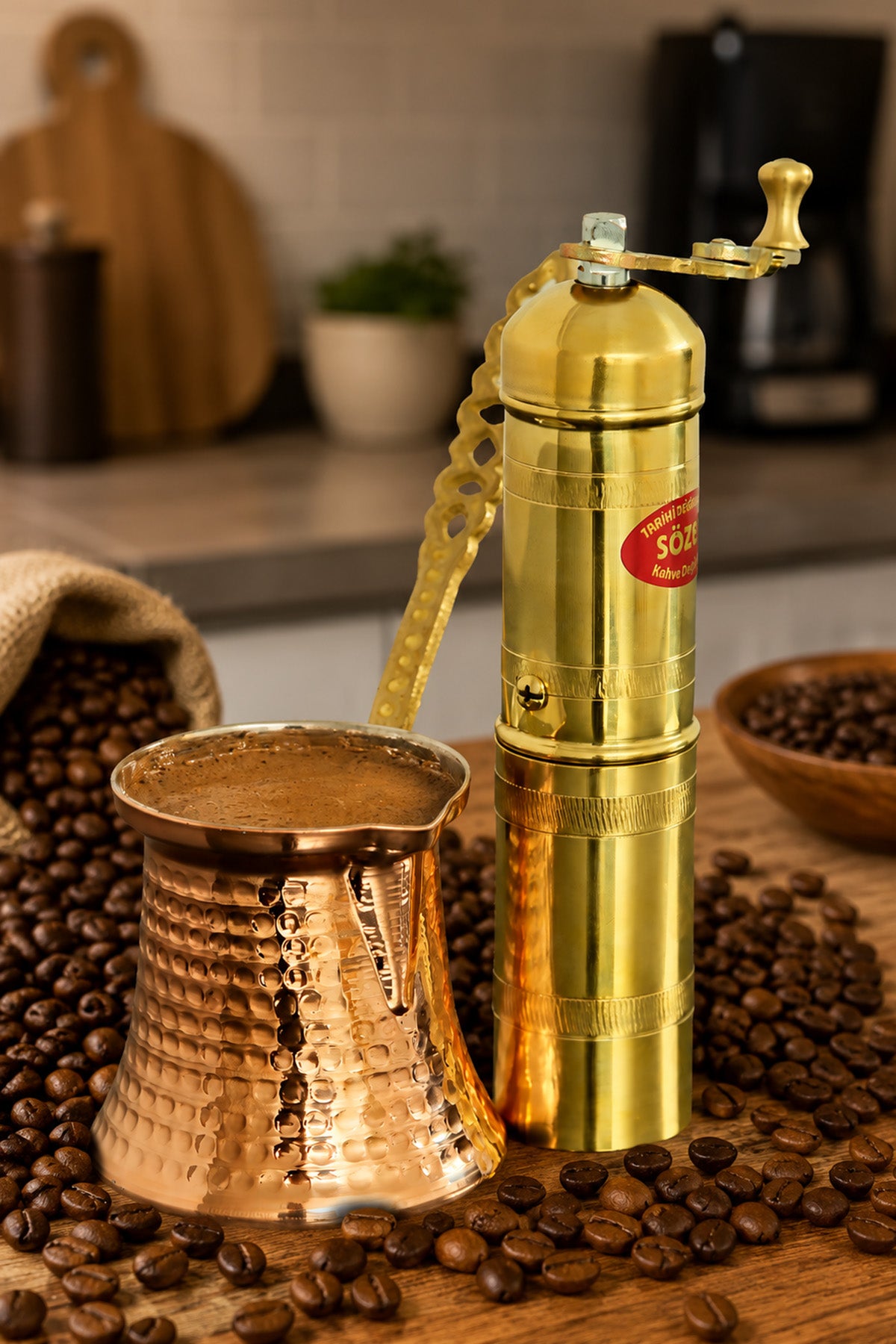 Sozen Brass Coffee Grinder & Copper Cezve Set – 18 cm - 7 Inch