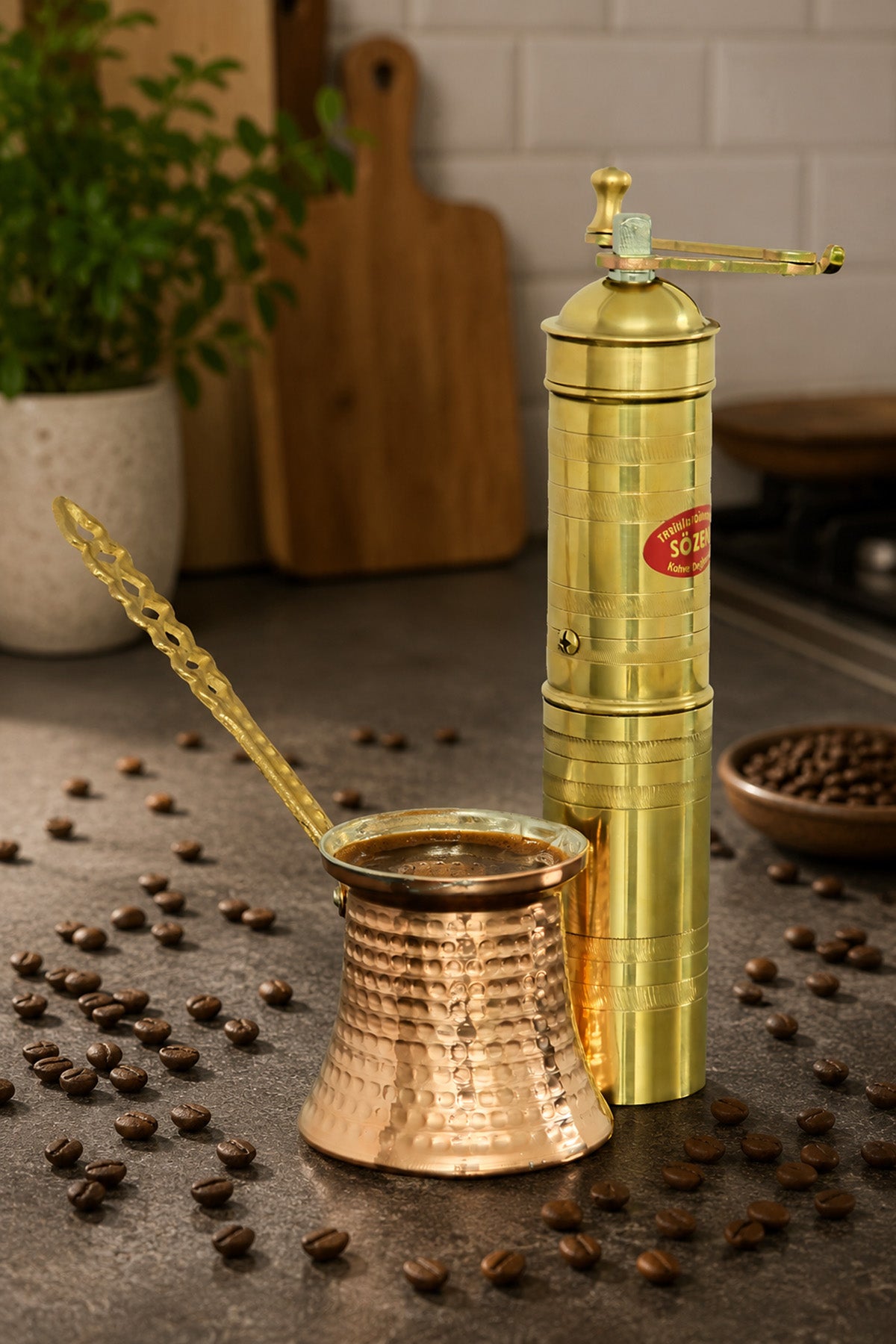 Sozen Brass Coffee Grinder & Copper Cezve Set – 23 cm - 9,2 Inch