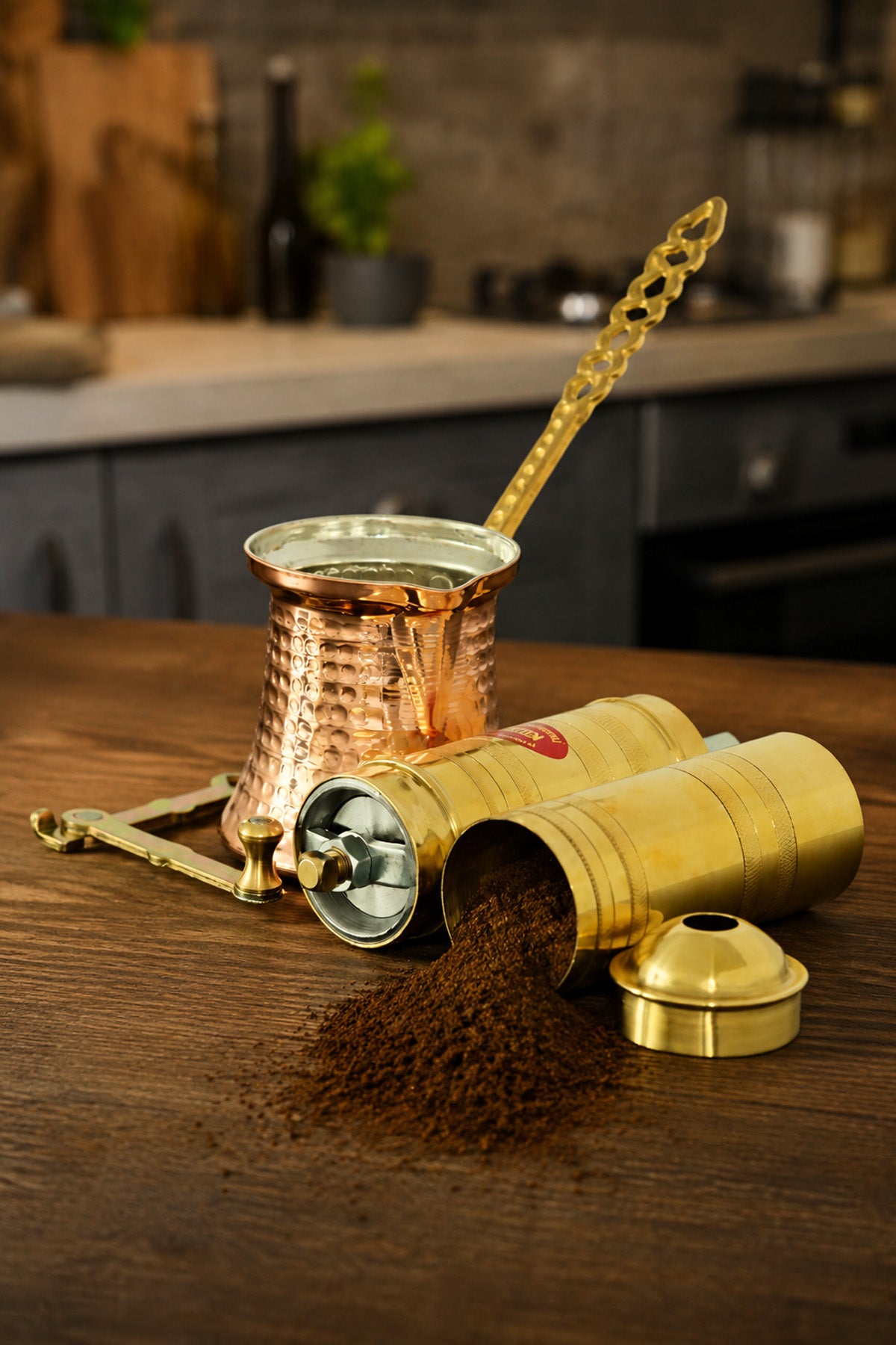 Sozen Brass Coffee Grinder & Copper Cezve Set – 23 cm - 9,2 Inch