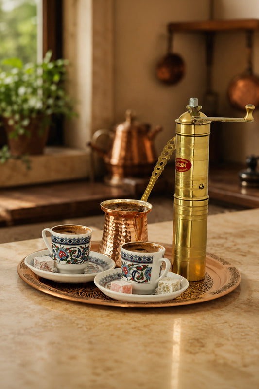 Turkish Coffee Set – Sozen 23 cm - 9,2 Inch Grinder, Copper Cezve, Tray & Topkapi Cups
