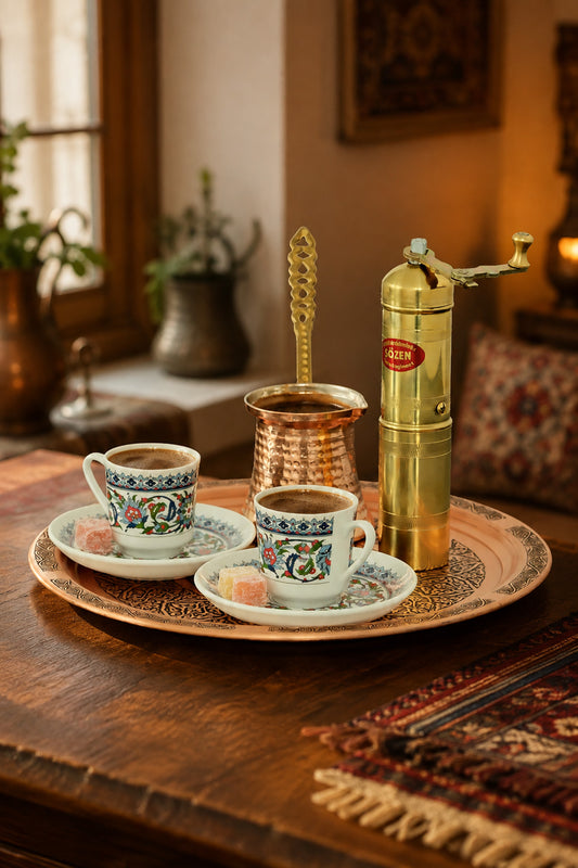 Turkish Coffee Set – Sozen 18 cm - 7 Icnh Grinder, Copper Cezve, Tray & Topkapi Cups