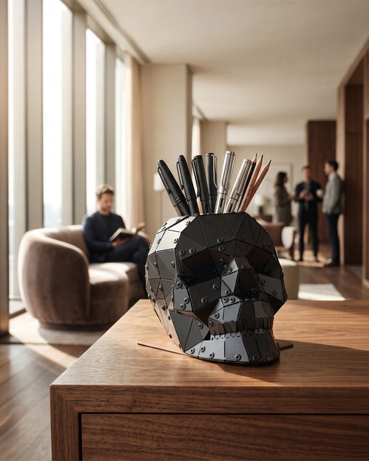 Skull — Matte Black Metal Sculpture & Pen Holder