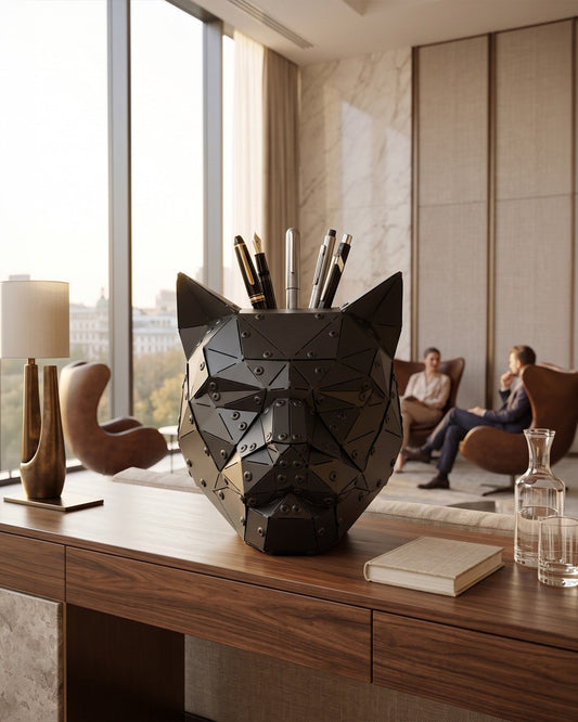 Cat Head — Matte Black Metal Sculpture & Pen Holder