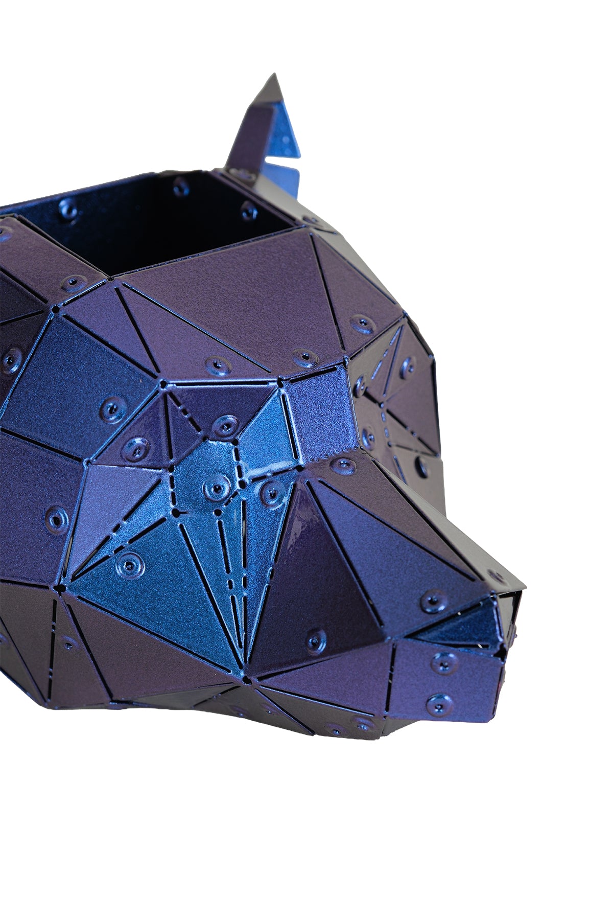 Color-shifting iridescent purple finish on Bear Head metal sculpture