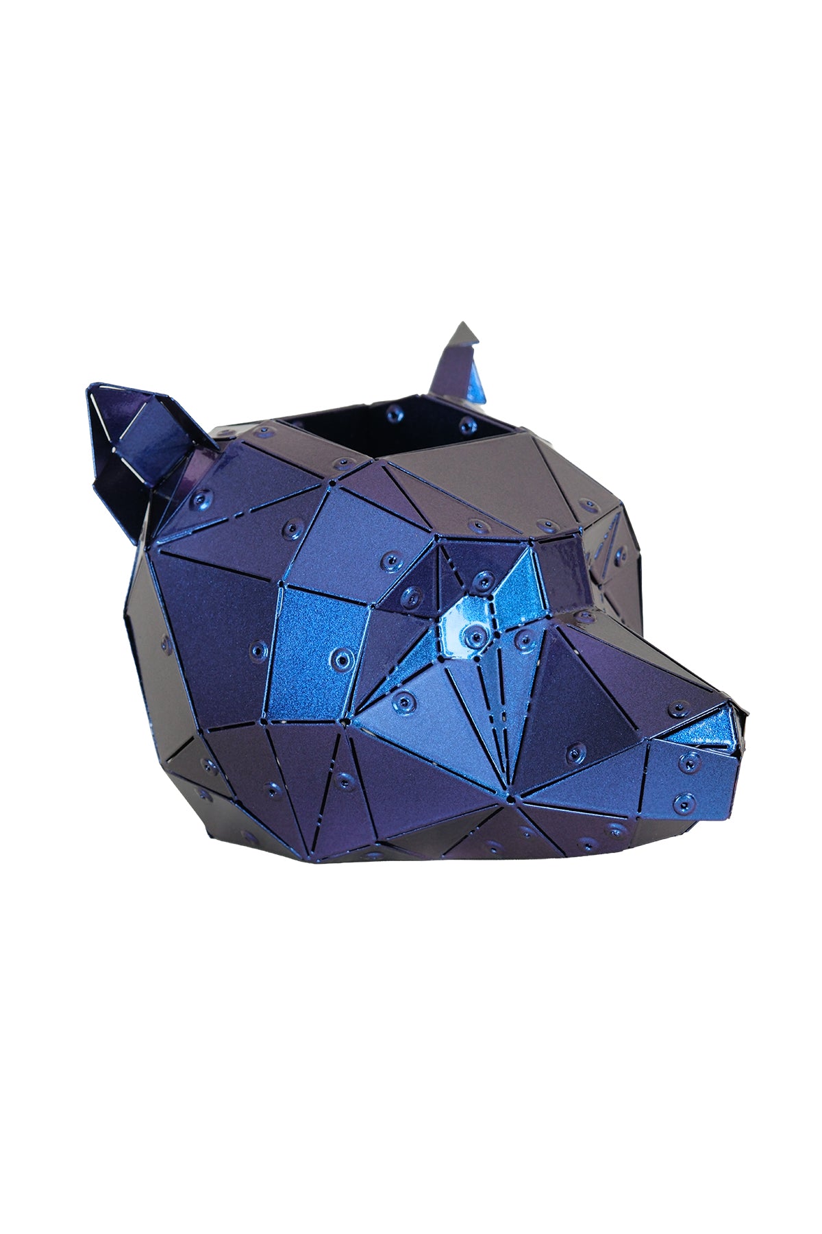 Iridescent purple low-poly Bear Head metal sculpture angled view