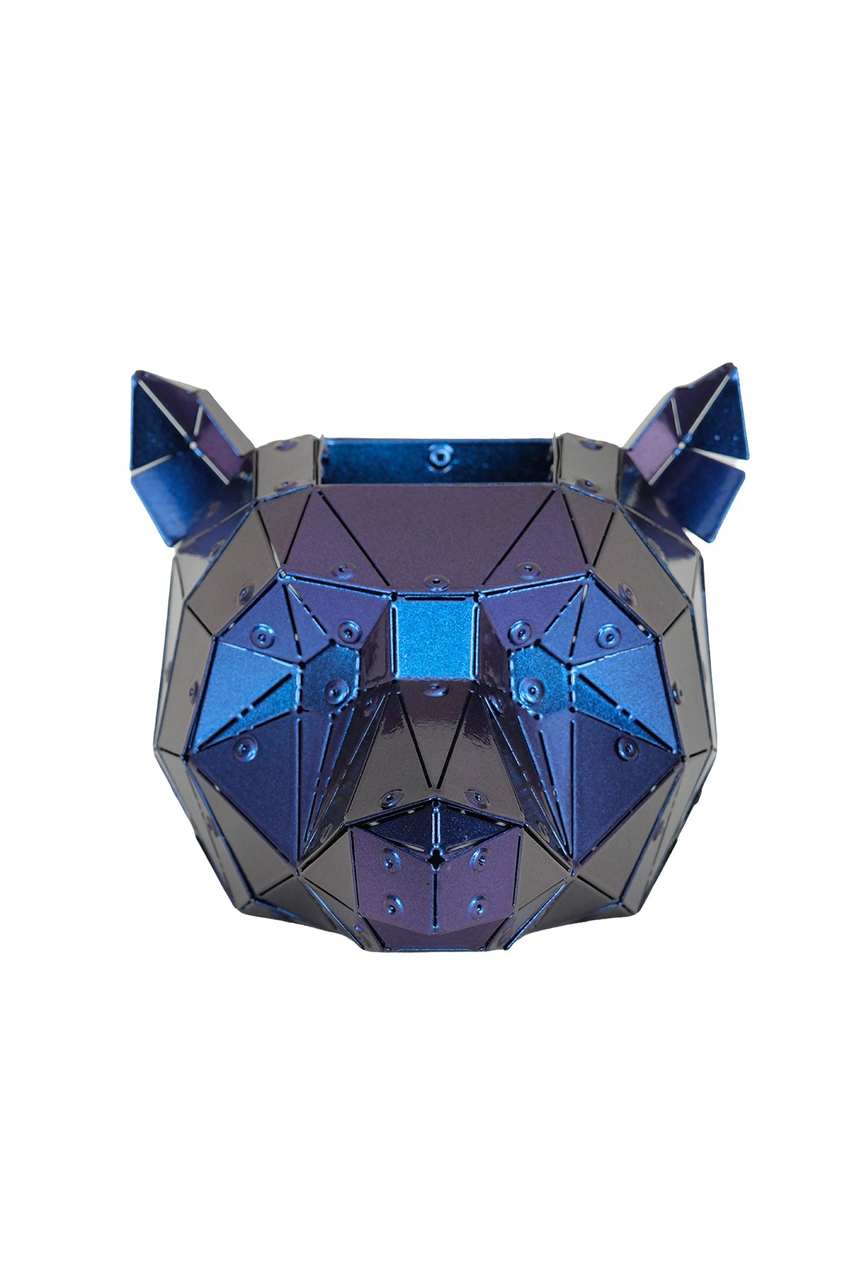 Iridescent purple Bear Head metal sculpture used as a pen holder