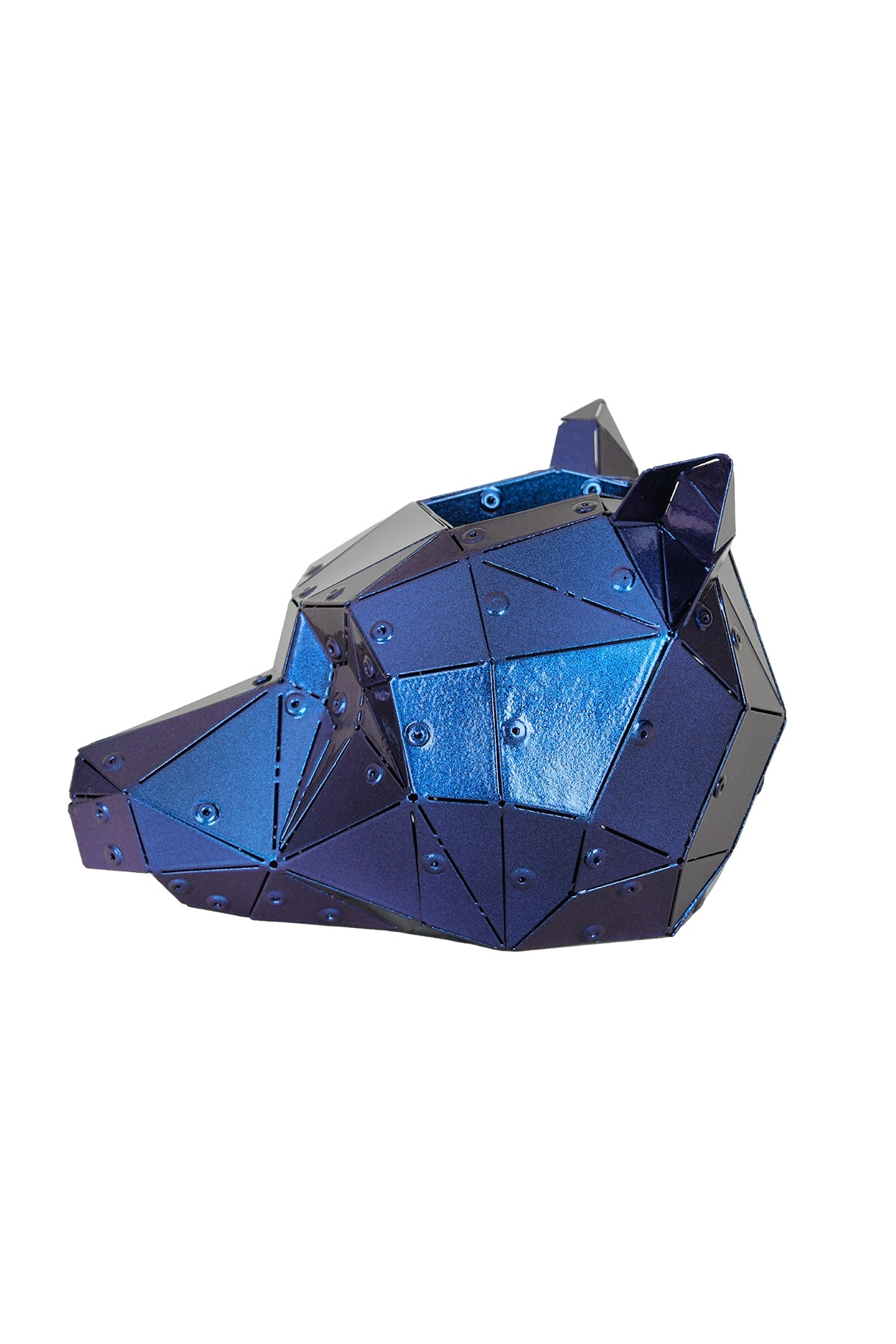 Iridescent purple Bear Head galvanized steel sculpture side view