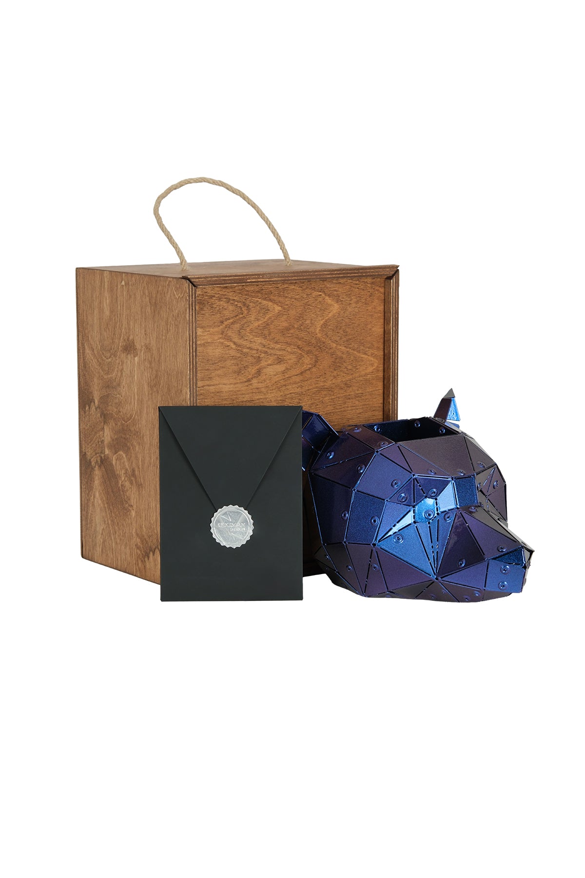 Complete Bear Head sculpture wooden box and presentation contents