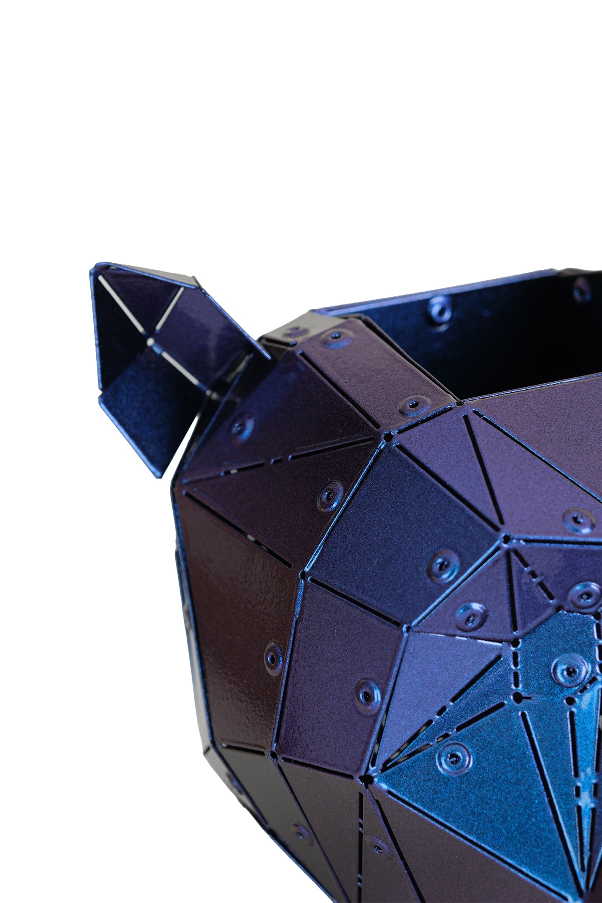 Iridescent purple Bear Head handcrafted metal sculpture rear view