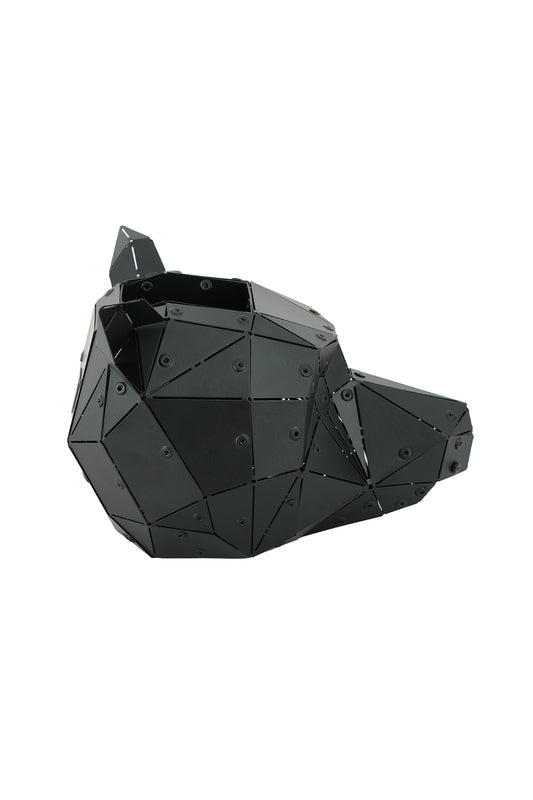 Matte black Bear Head sculpture in its custom wooden presentation box