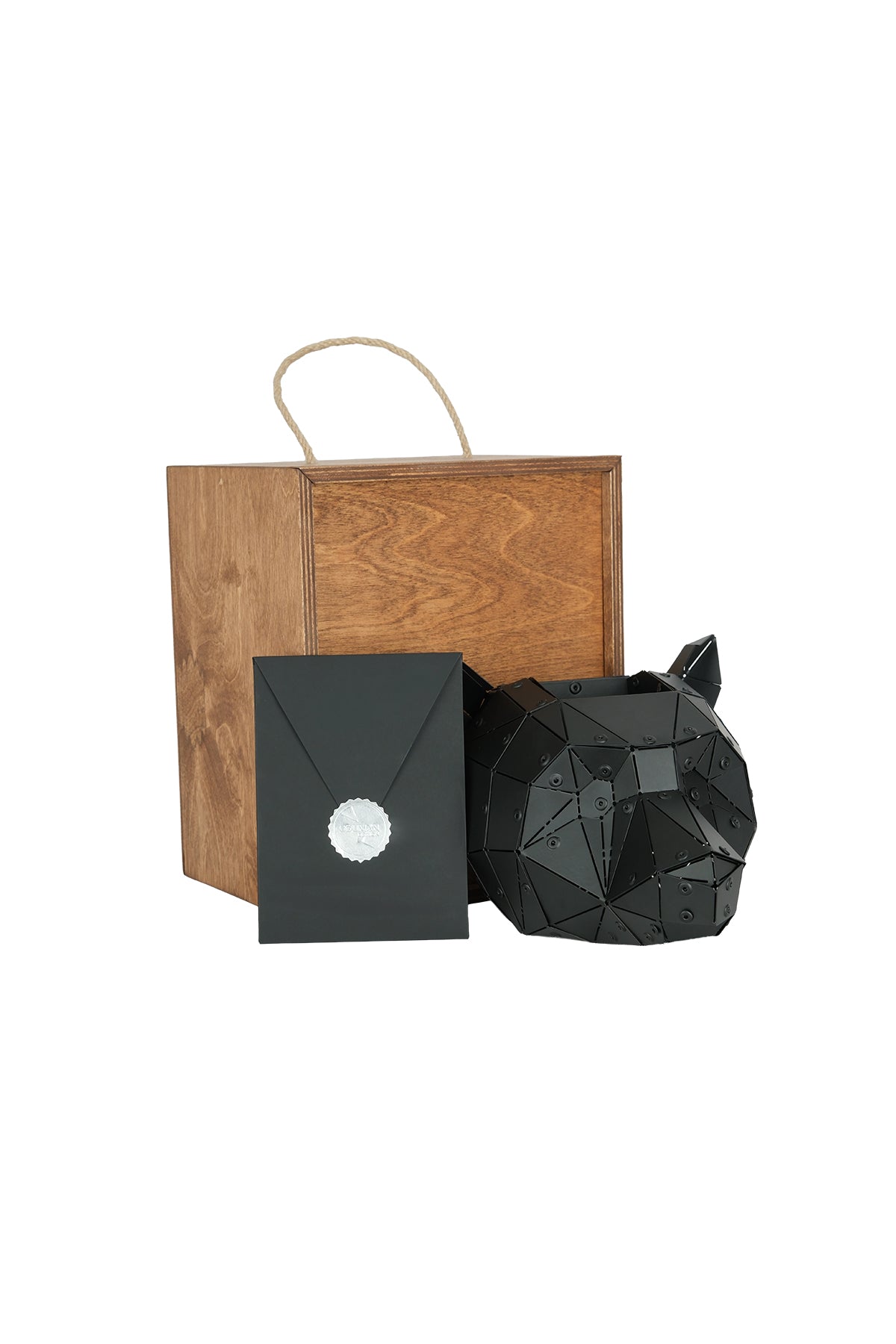 Complete Bear Head sculpture wooden box and presentation contents