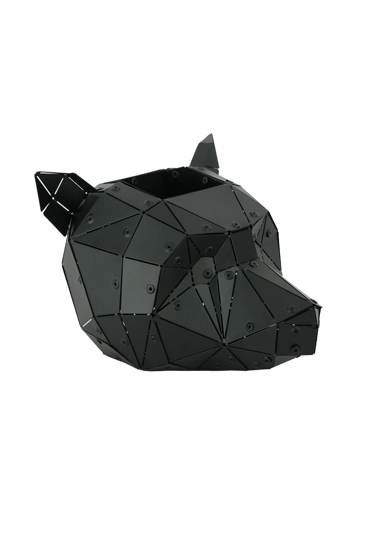 Matte black low-poly Bear Head metal sculpture angled view
