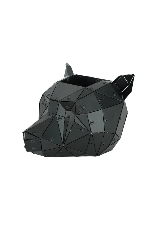 Matte black Bear Head sculpture in its custom wooden presentation box
