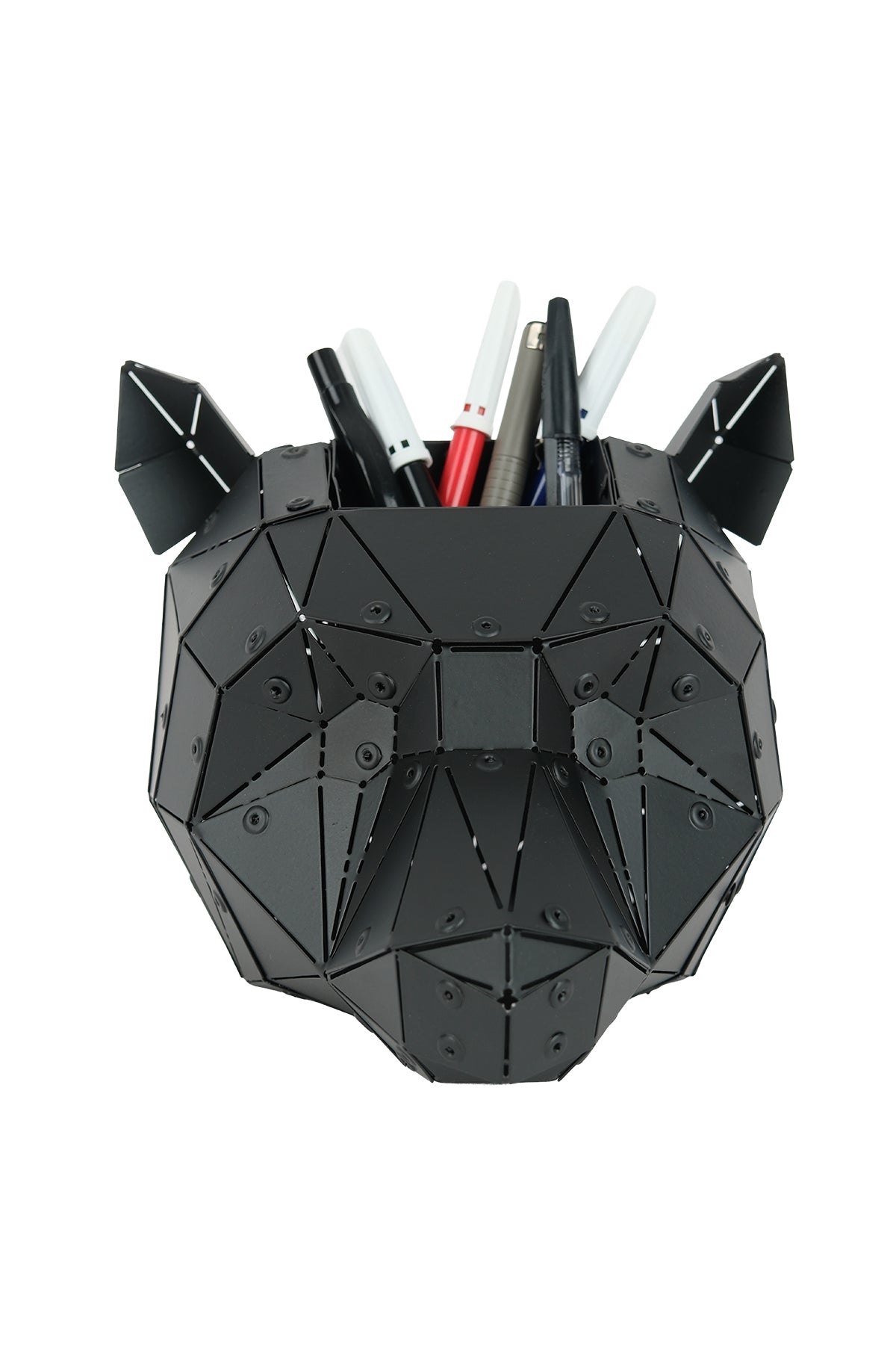 Matte black Bear Head metal sculpture used as a pen holder