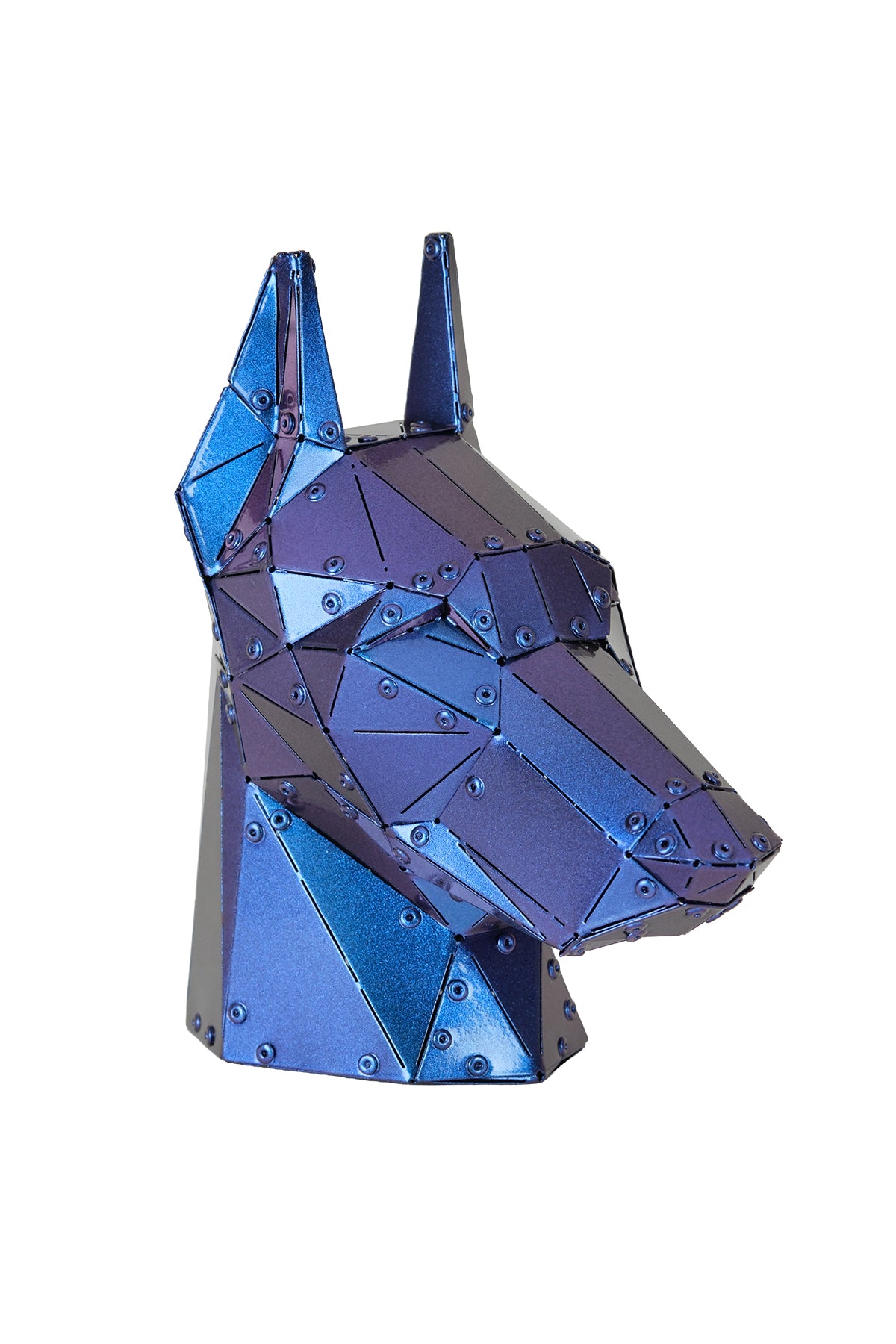 Doberman Head — Iridescent Purple Metal Sculpture & Pen Holder