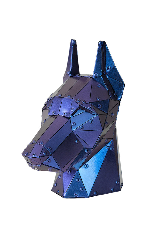 Doberman Head — Iridescent Purple Metal Sculpture & Pen Holder