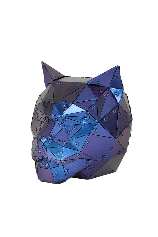 Cat Head — Iridescent Purple Metal Sculpture & Pen Holder