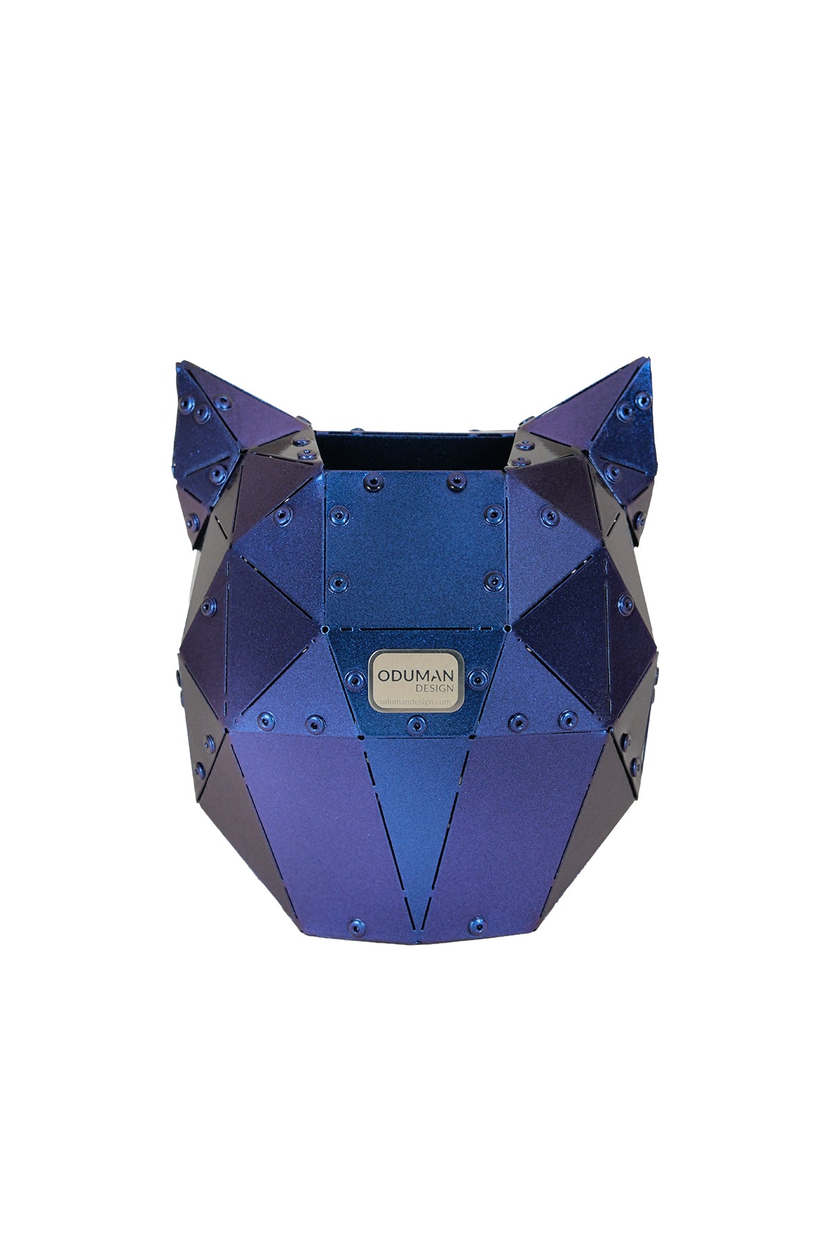 Cat Head — Iridescent Purple Metal Sculpture & Pen Holder