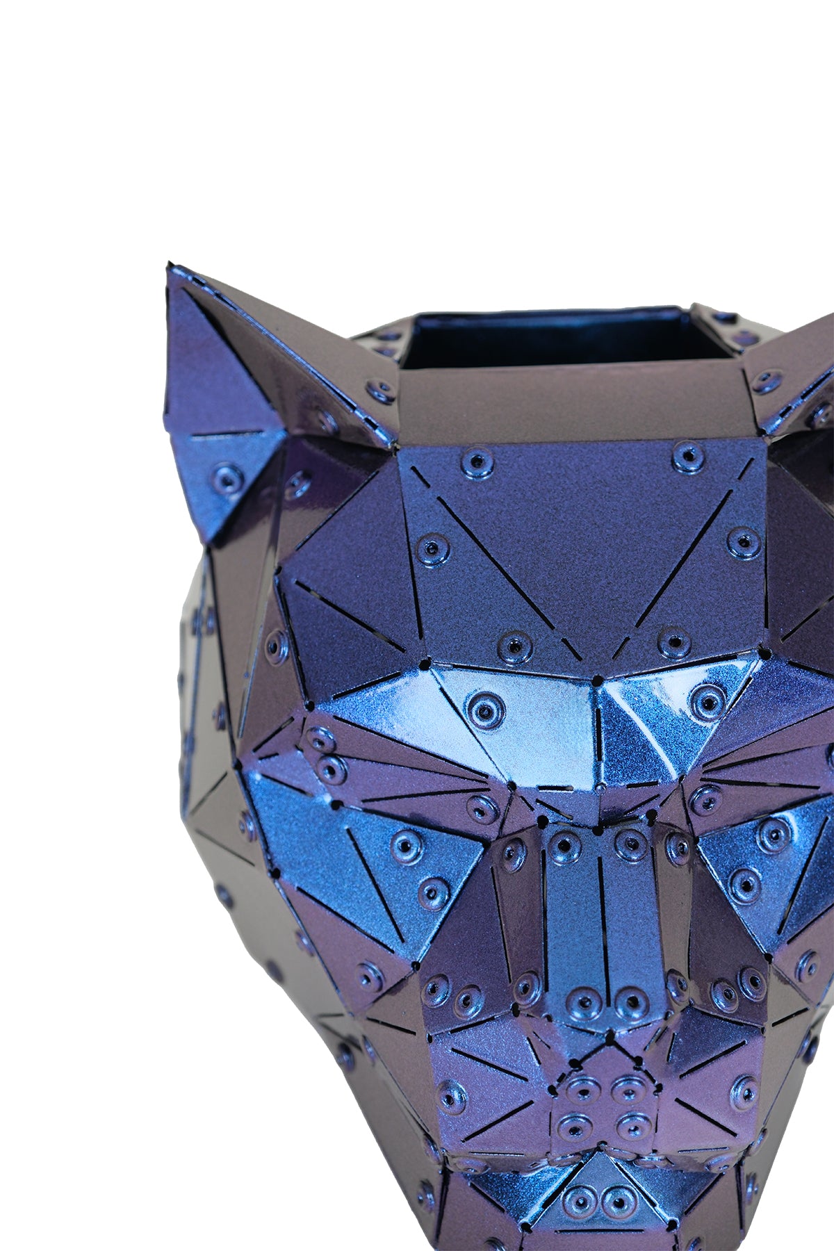 Cat Head — Iridescent Purple Metal Sculpture & Pen Holder